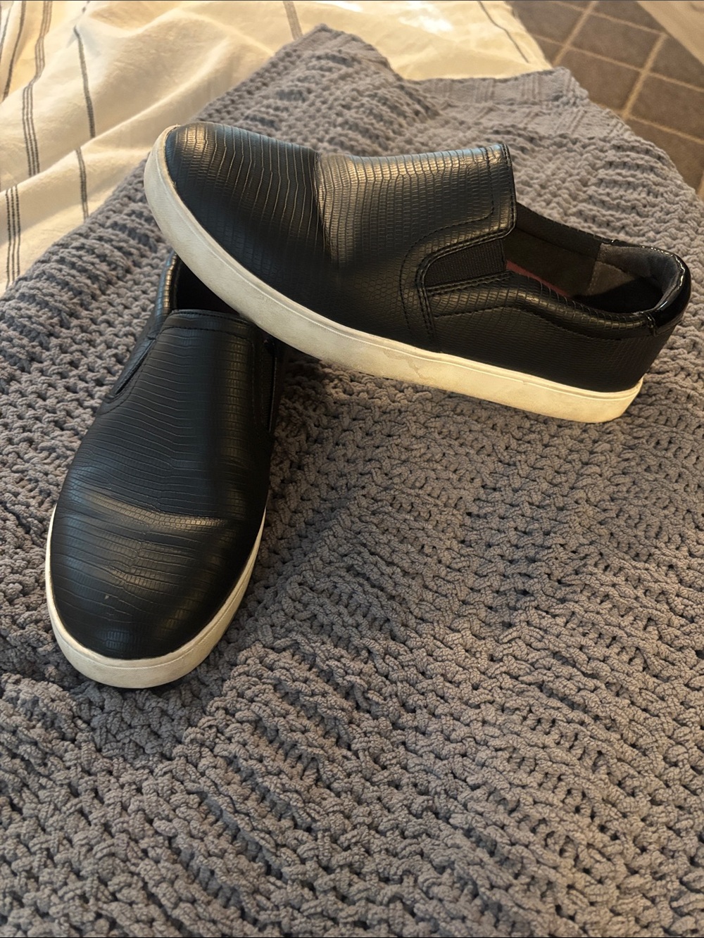 Dr. Scholl's Black Slip-On Textured Flats with White Sole